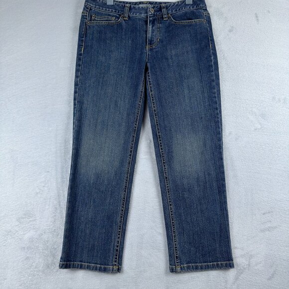 Ann Taylor Straight Jeans Slim Fit Lower On Waist Embroidered Back Women 0P Blue - Picture 1 of 12